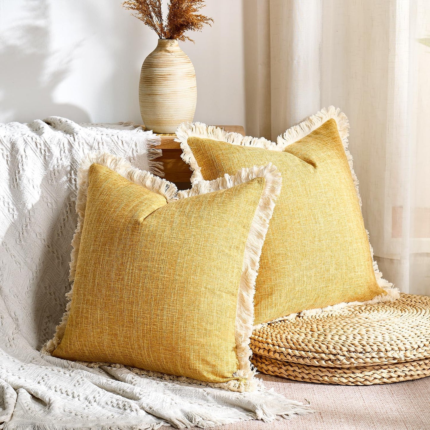 Mustard Yellow Faux Linen Decorative Throw Pillow Covers 18x18 Inch Set of 2 Boho Farmhouse Pillowcases with Tassels Rustic Woven Textured Burlap Cushion Cases for Sofa Bed Living Room Home Decor
