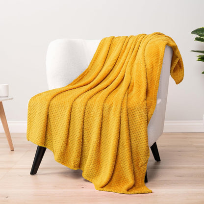 PAVILIA Mustard Yellow Fleece Throw Blanket for Couch Sofa Bed, Soft Fuzzy Waffle Jacquard Microfiber, Warm Lightweight Fade-Resistant Decorative All Season Throw, 60x80 Twin