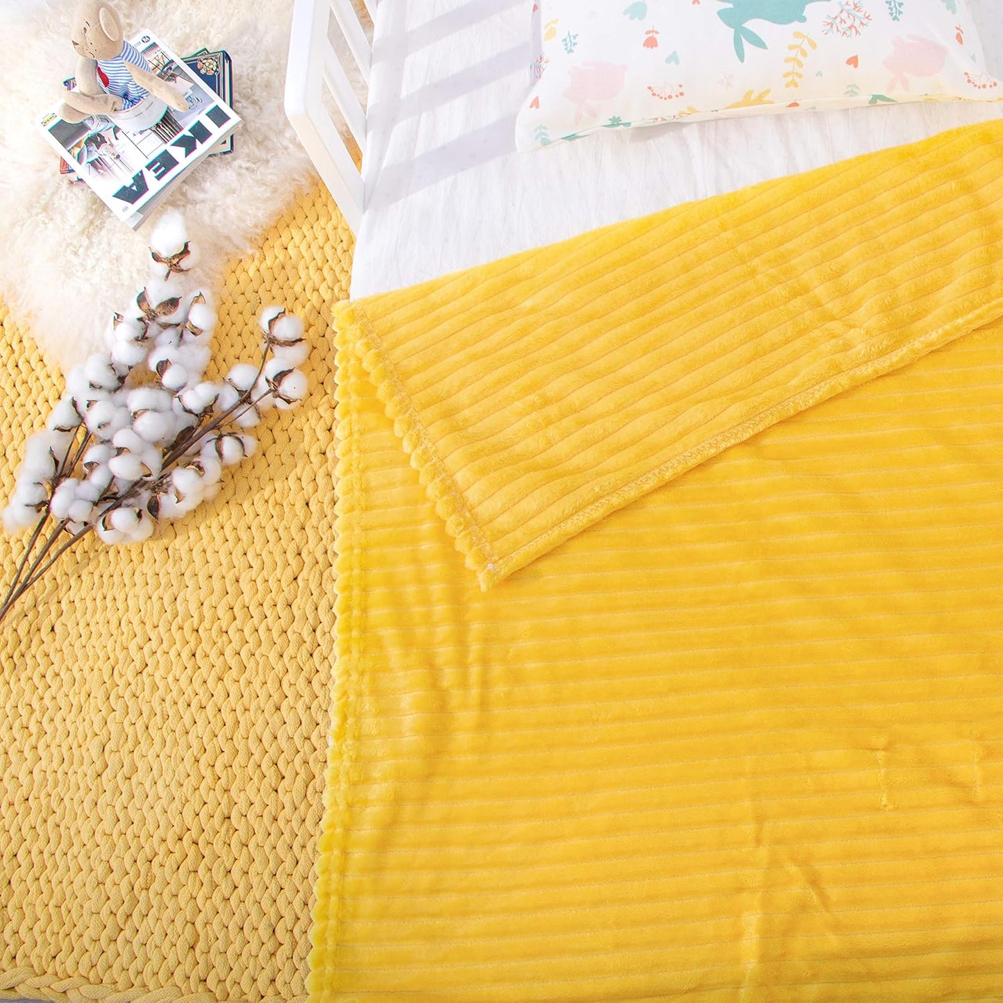 NTBAY Flannel Fuzzy Toddler Blanket, Fluffy Warm and Lightweight Reversible Stripes Design Baby Plush Blanket, 30 x 40 Inches, Yellow