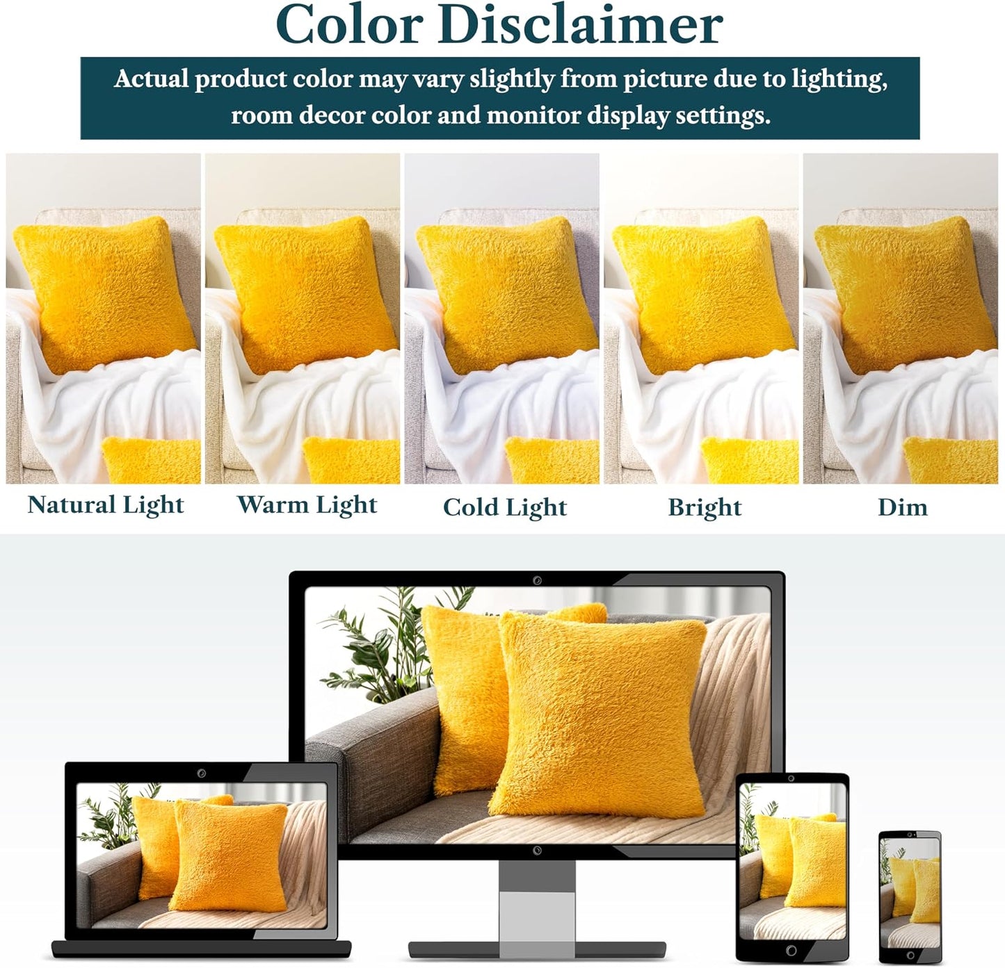 PAVILIA Fluffy Mustard Yellow Throw Pillow Covers, Decorative Accent Pillow Cases for Bed Sofa Couch, Soft Faux Fur Cushion Cover, Square Sherpa Pillowcases, Home Room Decor, Yellow, 18x18 Set of 2