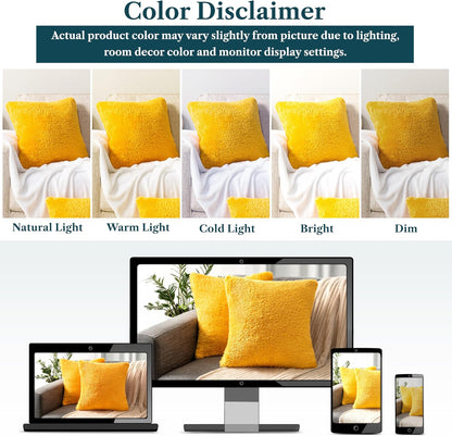PAVILIA Fluffy Mustard Yellow Throw Pillow Covers, Decorative Accent Pillow Cases for Bed Sofa Couch, Soft Faux Fur Cushion Cover, Square Sherpa Pillowcases, Home Room Decor, Yellow, 18x18 Set of 2