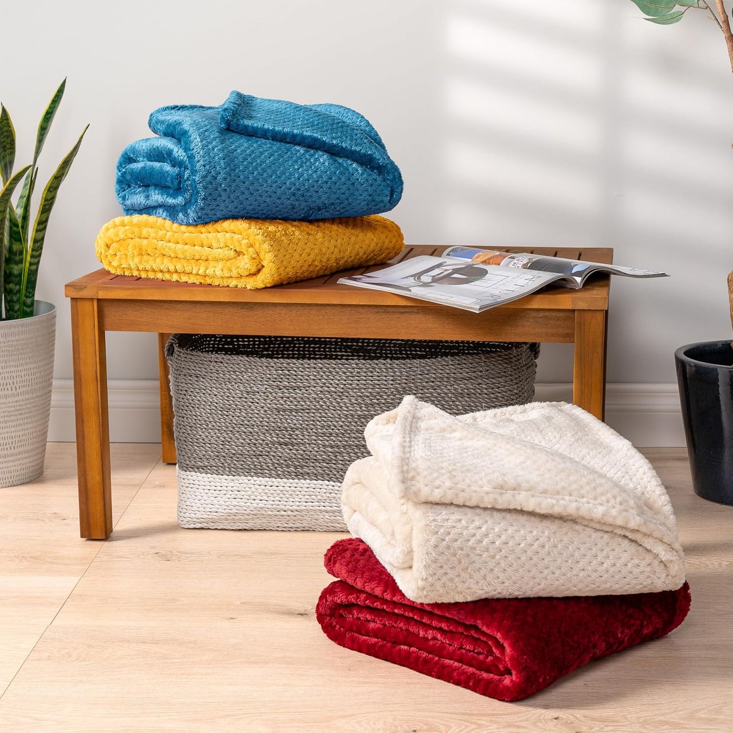 PAVILIA Mustard Yellow Fleece Throw Blanket for Couch Sofa Bed, Soft Fuzzy Waffle Jacquard Microfiber, Warm Lightweight Fade-Resistant Decorative All Season Throw, 60x80 Twin
