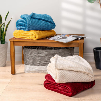 PAVILIA Mustard Yellow Fleece Throw Blanket for Couch Sofa Bed, Soft Fuzzy Waffle Jacquard Microfiber, Warm Lightweight Fade-Resistant Decorative All Season Throw, 60x80 Twin