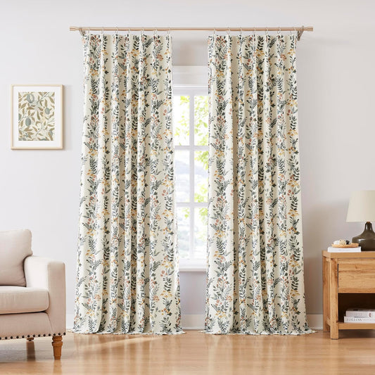 Kayne Studio Pinch Pleated Blackout Window Curtain Panels Botanical Floral Boho Leaf Print Country Farmhouse Green Yellow Room Darkening Thermal Insulated Window Treatment Bedroom,40"x108",2 Panels