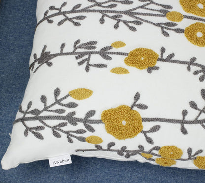 Mustard Yellow Flora Throw Pillow Covers Fall Decorative Pillowcase 18x18 Embroidered Cushion for Home Living Room Farmhouse Couch Sofa Picnic 2 Pcs