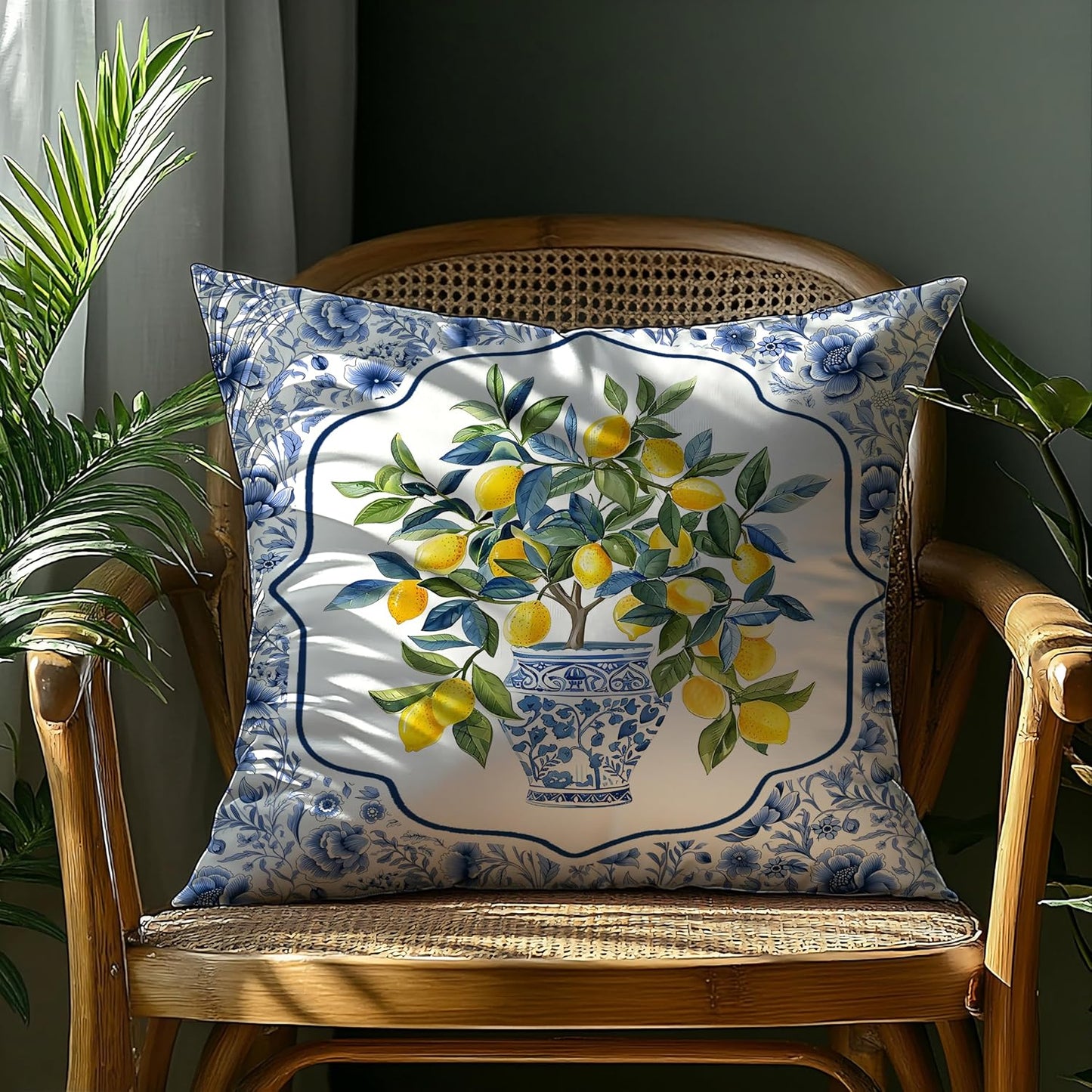 Chinoiserie Lemon Floral Pillow Cover 18x18 Double-Sided,Summer Blue and White Decorative Throw Pillow Cover for Couch Bed Bedroom Living Room