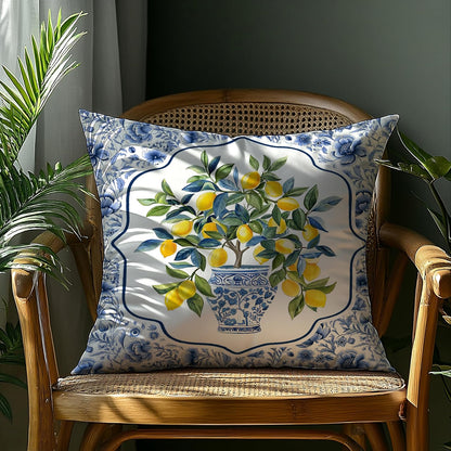 Chinoiserie Lemon Floral Pillow Cover 18x18 Double-Sided,Summer Blue and White Decorative Throw Pillow Cover for Couch Bed Bedroom Living Room