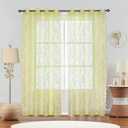 Yellow Lace Curtains for Bedroom 84 Inches Long Elegant French Rose Embroidered Sheer Curtain Panels Durable Floral Lace Fabric Grommet Window Treatment Drapes for Living Room, 55" w 2 Panels