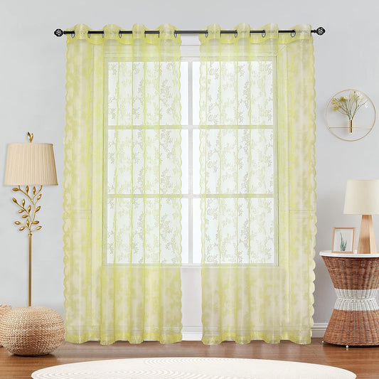 Yellow Lace Curtains for Bedroom 84 Inches Long Elegant French Rose Embroidered Sheer Curtain Panels Durable Floral Lace Fabric Grommet Window Treatment Drapes for Living Room, 55" w 2 Panels