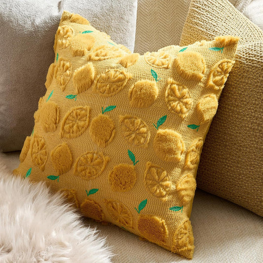 GIGIZAZA Pack of 2 Yellow Pillow Covers 20x20, Decorative Throw Pillows Cute Boho Farmhouse Covers for Couch Faux Fur Fruit Pattern Pillow Cases Embroidered Living Room Cushion Covers