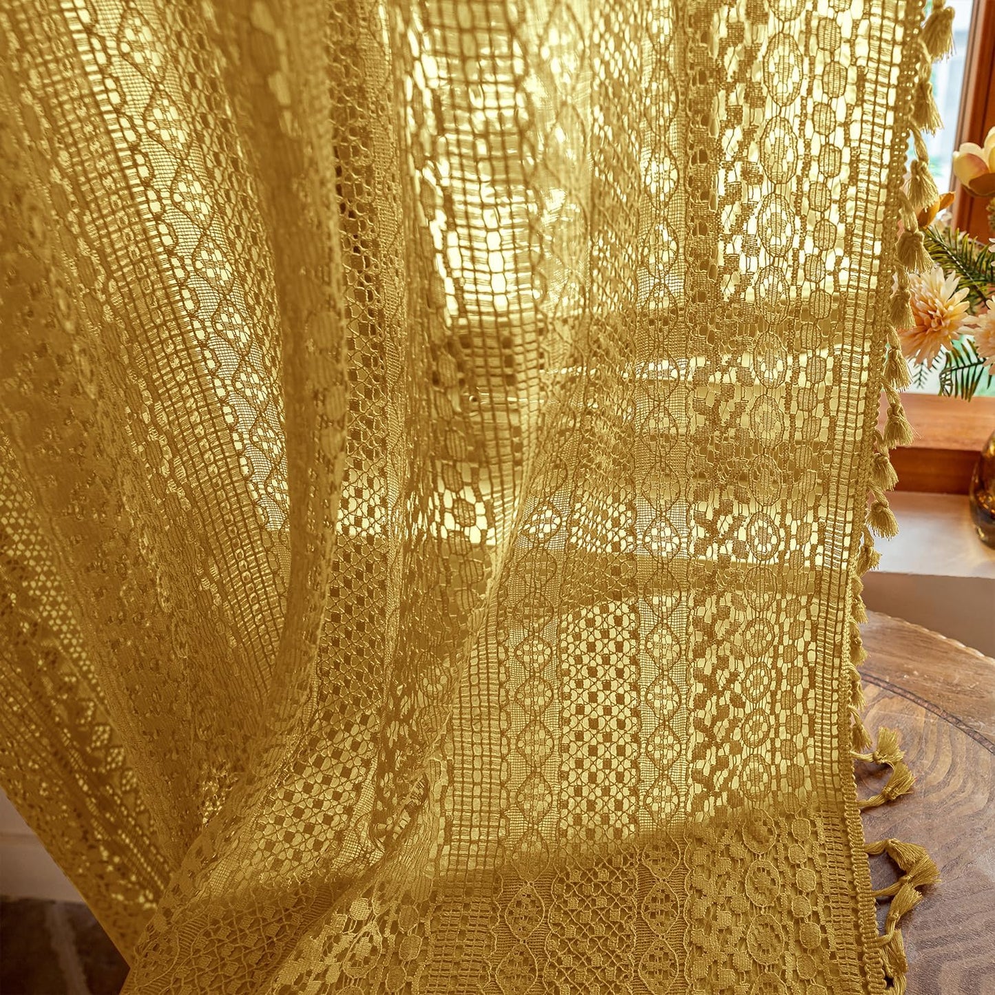 WAZZIO Boho Lace Curtains 63 Inches 2 Panel,Light Filtering Privacy Tassel & Geometry Crochet Semi Sheer Curtain Drapes for Bedroom Living Dining Room,Rod Pocket & Tassel,Mustard Yellow