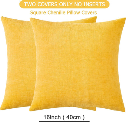 GAWAMAY Decorative Throw Pillow Covers 16x16 Inch Set of 2, Super Soft Chenille Square Pillows Farmhouse Fall Pillowcase for Living Room Bedroom Sofa Couch Cushion Cover Mustard Yellow 40x40cm
