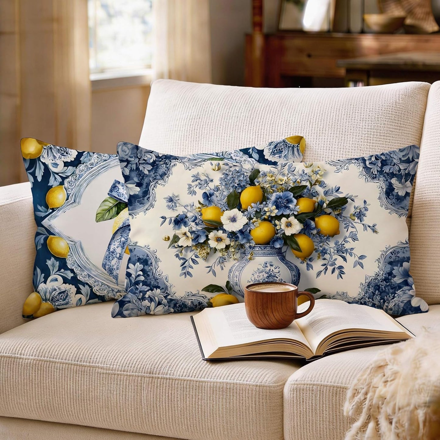 Mediterranean Italian Lemon Lumbar Pillow Covers 12x20 Set of 2, Amalfi Coast Blue and White Floral Bow Yellow Lemon Decorative Throw Pillow Covers Cases for Couch Bed Home Room Bedroom