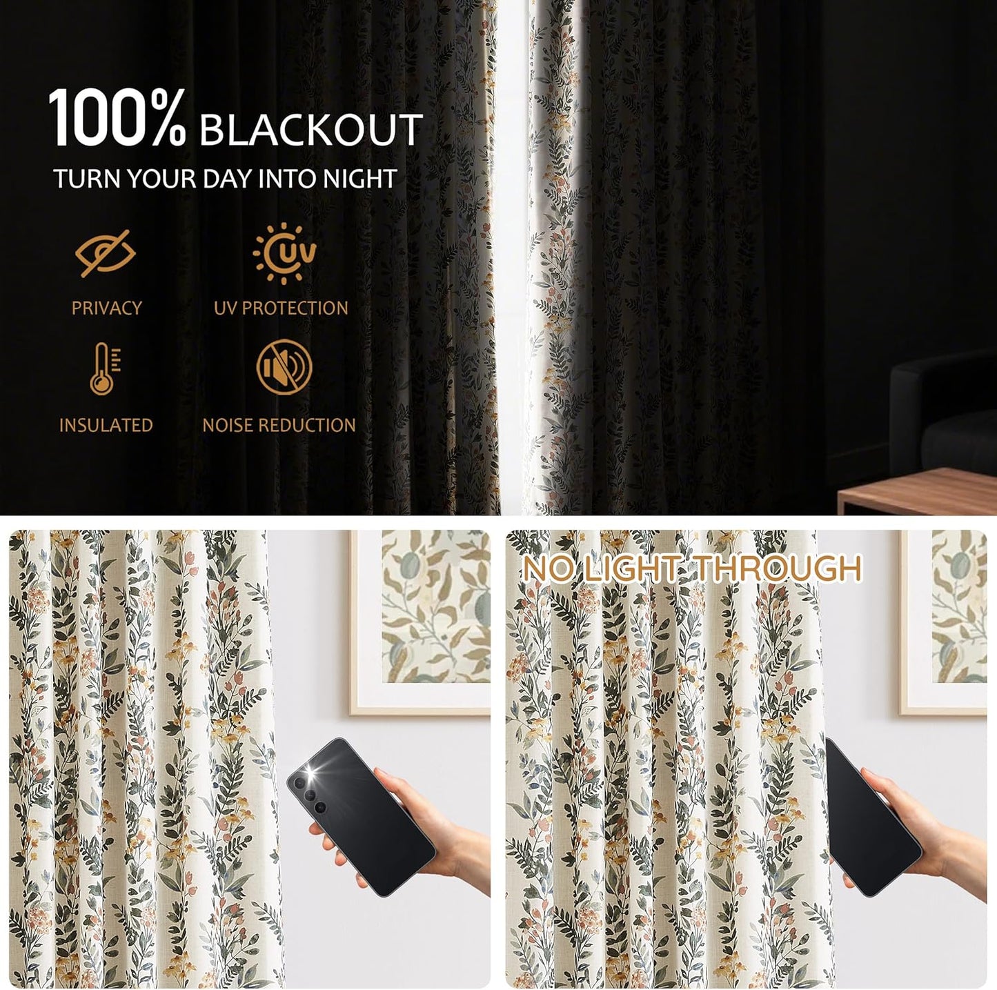 Kayne Studio Pinch Pleated Blackout Window Curtain Panels Botanical Floral Boho Leaf Print Country Farmhouse Green Yellow Room Darkening Thermal Insulated Window Treatment Bedroom,40"x108",2 Panels