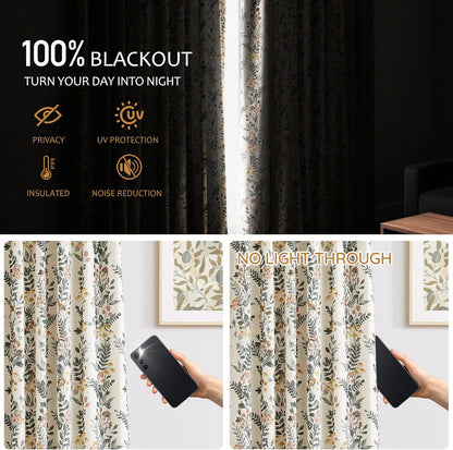 Kayne Studio Pinch Pleated Blackout Window Curtain Panels Botanical Floral Boho Leaf Print Country Farmhouse Green Yellow Room Darkening Thermal Insulated Window Treatment Bedroom,40"x108",2 Panels