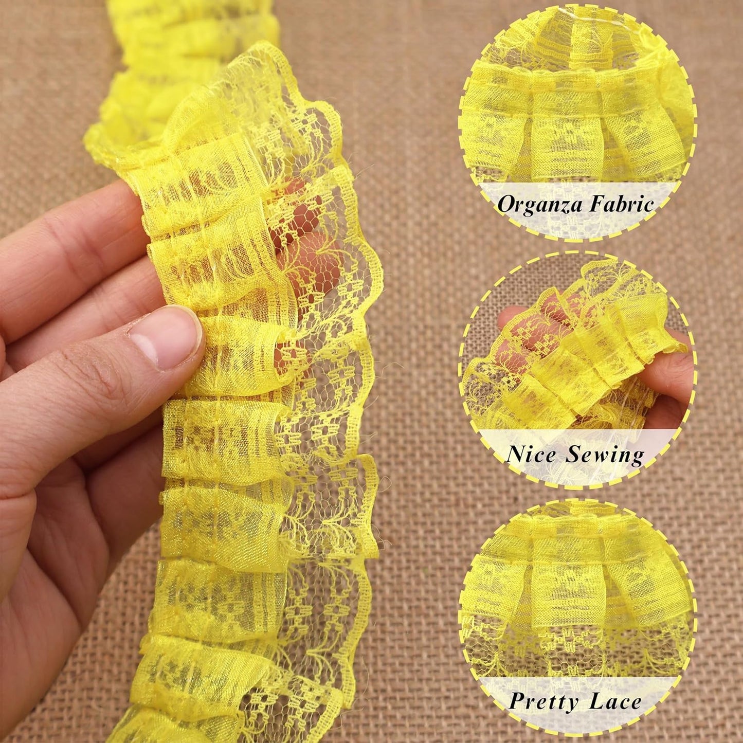 Yellow Lace Ruffle Trim for Crafts 1-5/8"x5yd 2-Layer Pleated Edge Lace Ribbon