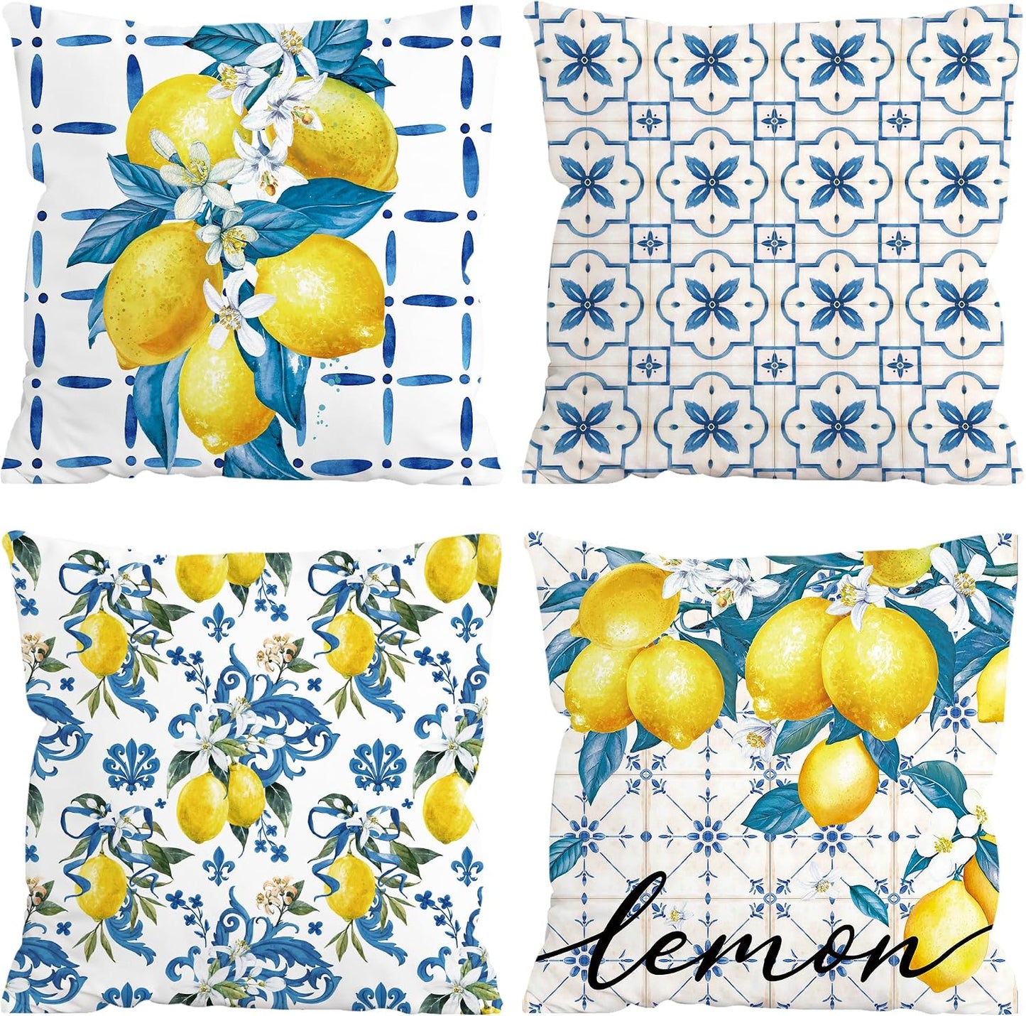 FUTBU Lemon Throw Pillow Covers 16x16 Inch Set of 4, Bule Diamond Check Farmhouse Cushion Case, Hello Summer Party Holiday Decoration for Sofa Couch