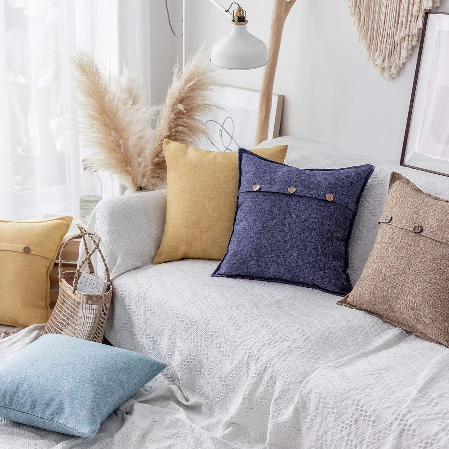 Home Brilliant 12x20 Pillow Covers Linen Boho Throw Pillows for Couch Triple Button Design Decorative Throw Pillow Covers for Indoor Sofa Bed Outdoor Summer Decor, Set of 2, Yellow