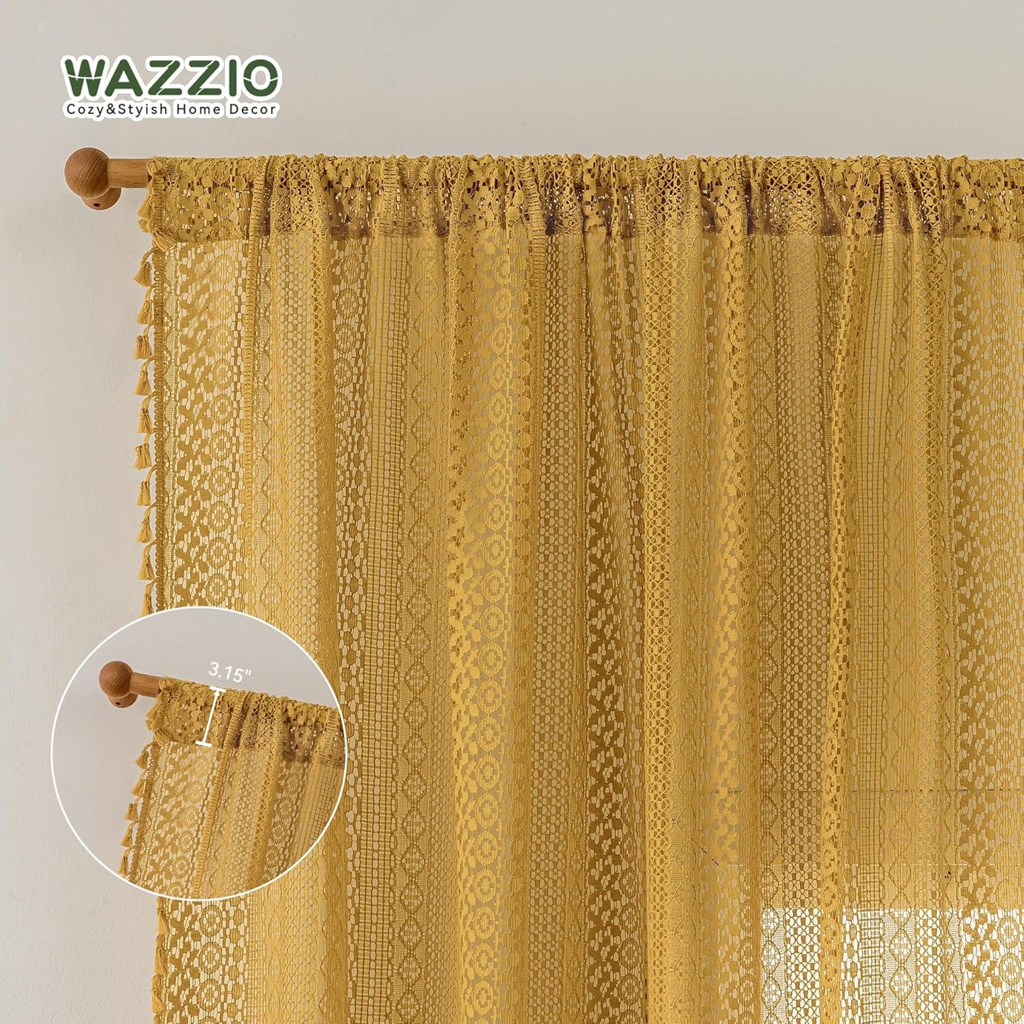 WAZZIO Boho Lace Curtains 63 Inches 2 Panel,Light Filtering Privacy Tassel & Geometry Crochet Semi Sheer Curtain Drapes for Bedroom Living Dining Room,Rod Pocket & Tassel,Mustard Yellow