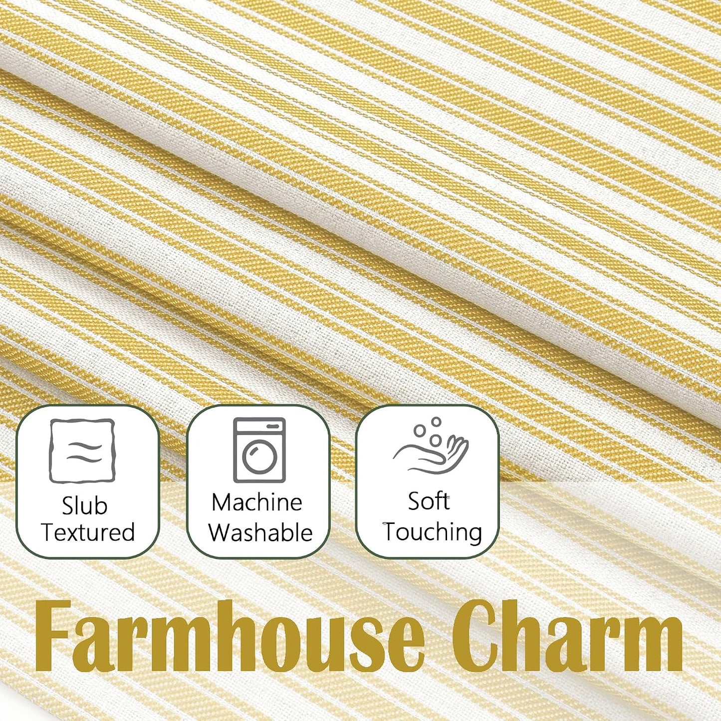Chyhomenyc Striped Valances for Windows - Light Filtering Faux Linen Small Tier Valance Curtains, Boho Ticking Stripe Rod Pocket Farmhouse Valance for Living Room, 52Wx14L, 2 Pieces, Yellow Gold