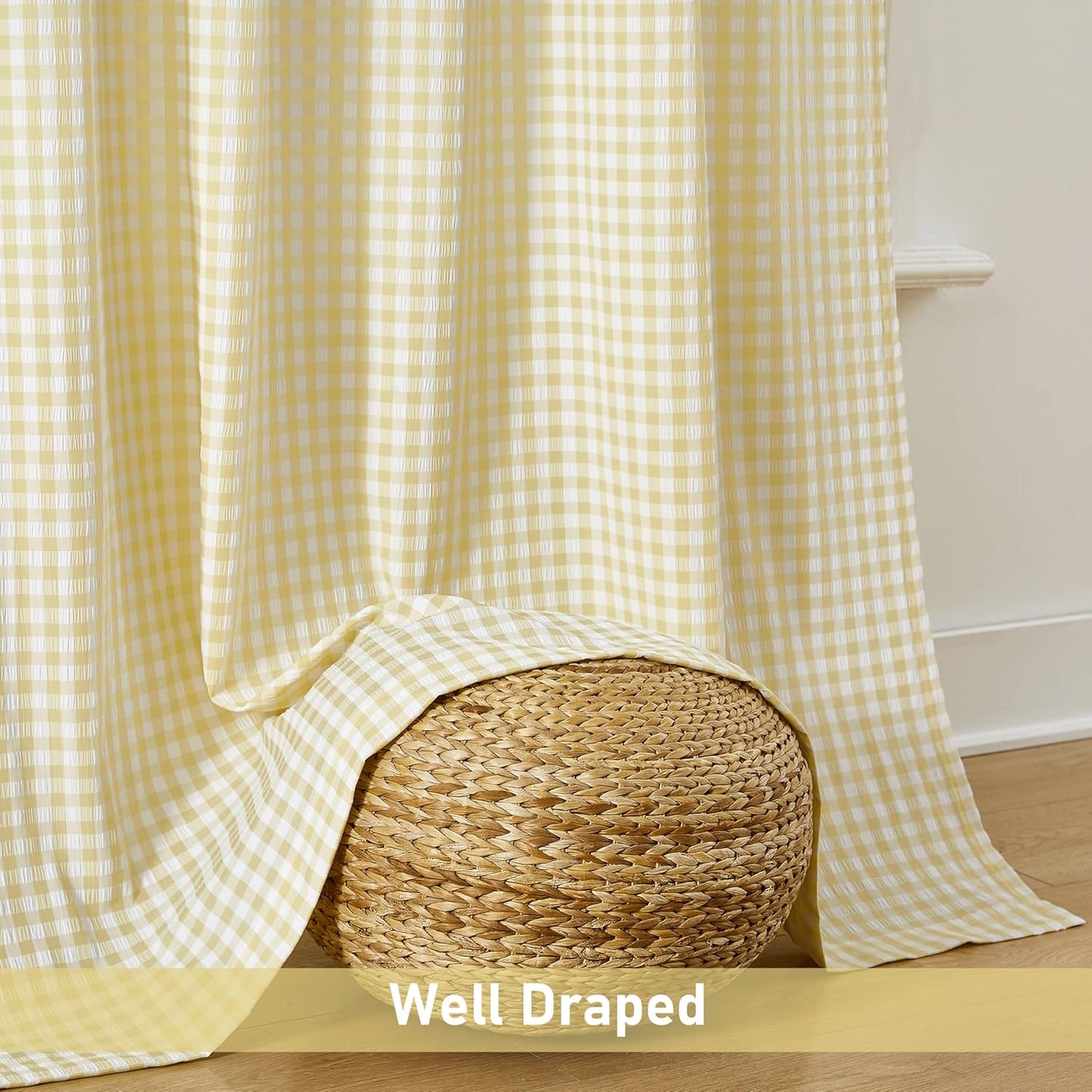 ZJDECOR 84 Inches Yellow White Buffalo Plaid Curtains,Farmhouse Crinkled Not-See-Through Sheer Window Treatment for Bedroom Living Room Nursery,Rod Pocket,Tiebacks Included,52" Wx84 L(Pack of 2)