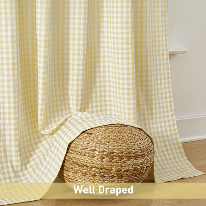 ZJDECOR 84 Inches Yellow White Buffalo Plaid Curtains,Farmhouse Crinkled Not-See-Through Sheer Window Treatment for Bedroom Living Room Nursery,Rod Pocket,Tiebacks Included,52" Wx84 L(Pack of 2)