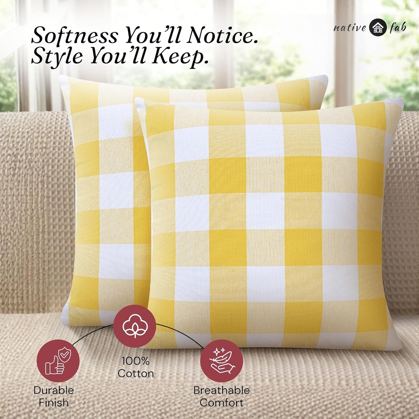 Native Fab Premium Throw Pillow Covers 2 Pack, 18x18 Inches, 100% Cotton, Vibrant Buffalo Plaid, Summer Check Cushion Cases, Bright Farmhouse Accent for Living Room, Outdoor, Lemon Yellow & White