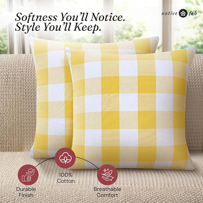 Native Fab Premium Throw Pillow Covers 2 Pack, 18x18 Inches, 100% Cotton, Vibrant Buffalo Plaid, Summer Check Cushion Cases, Bright Farmhouse Accent for Living Room, Outdoor, Lemon Yellow & White