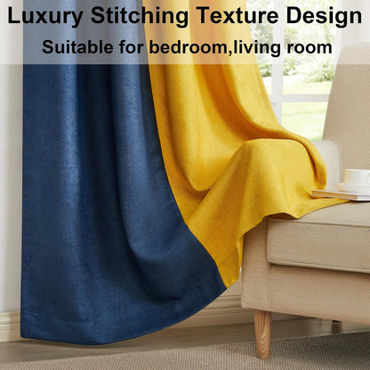 PRIMROSE Navy Blue Yellow Linen Curtains 84 inch Long for Living Room Set of 2 Panels Blackout Thermal Insulated Room Darkening Ombre Curtains Window Drapes for Bedroom Grommet