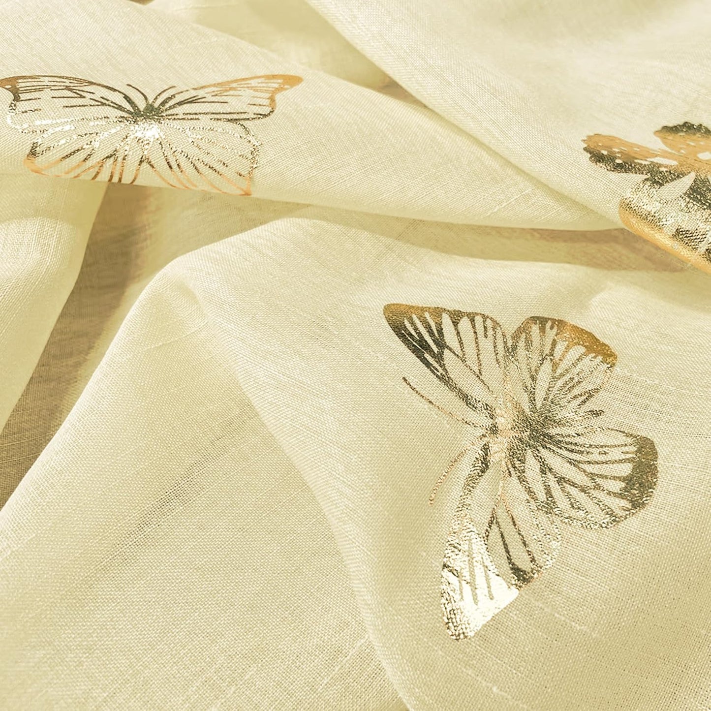 Jubilantex Yellow Butterfly Sheer Curtain Panels for Kids Nursery Bedroom, Baby Girls Toddler Gold Print Linen Textured Rod Pocket Voile Drapes 63 Inch Long for Living Room,2 Panels