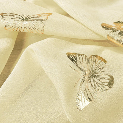Jubilantex Yellow Butterfly Sheer Curtain Panels for Kids Nursery Bedroom, Baby Girls Toddler Gold Print Linen Textured Rod Pocket Voile Drapes 63 Inch Long for Living Room,2 Panels