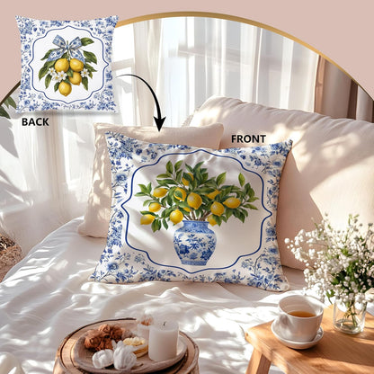 Blue and White Chinoiserie Lemon Pillow Covers 18x18Double-Sided, Grand Millenial Decor, Chinoiserie Decor, Grandmillennial Floral Fruit Lemon Decorative Throw Pillow Covers