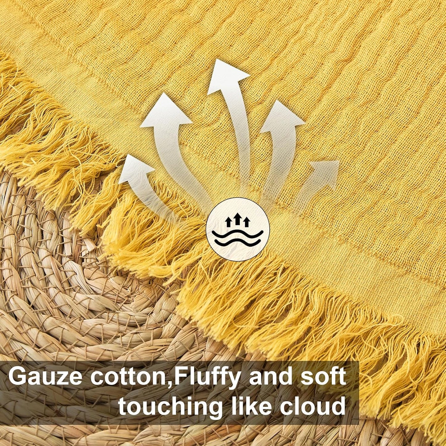Cotton Muslin Throw Blanket with Tassels, Lightweight Woven Gauze, Pre-Washed Breathable Farmhouse Decor for Bed, Couch, All-Season Use (Yellow, 50" x 60")