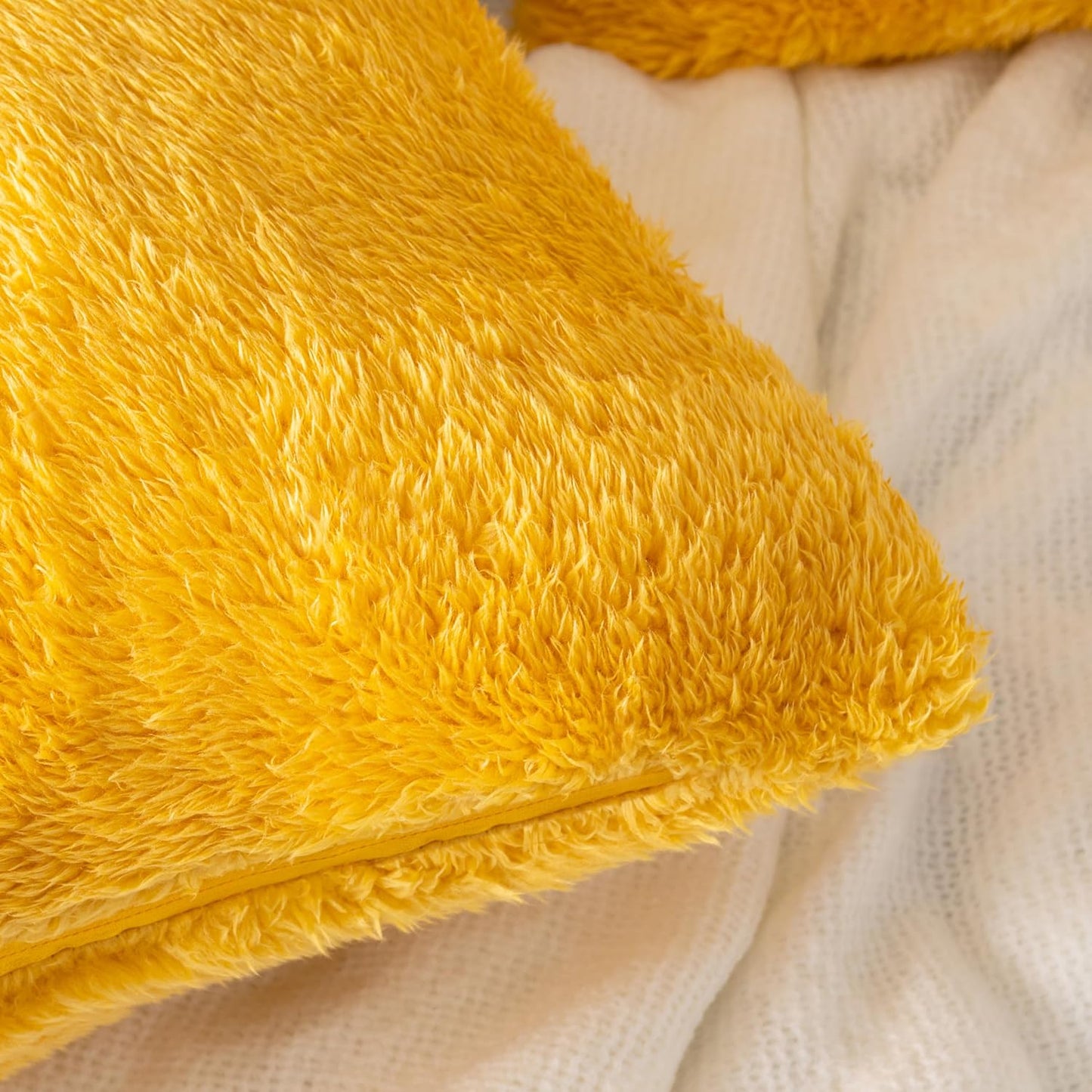 PAVILIA Fluffy Mustard Yellow Throw Pillow Covers, Decorative Accent Pillow Cases for Bed Sofa Couch, Soft Faux Fur Cushion Cover, Square Sherpa Pillowcases, Home Room Decor, Yellow, 18x18 Set of 2