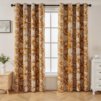 Floral Blackout Curtains 63 Inch Length 2 Panels, Vintage Peony Pattern Curtains for Bedroom Living Room, Light Blocking Thermal Curtains, Grommet Top, Mustard Yellow, 52 x 63