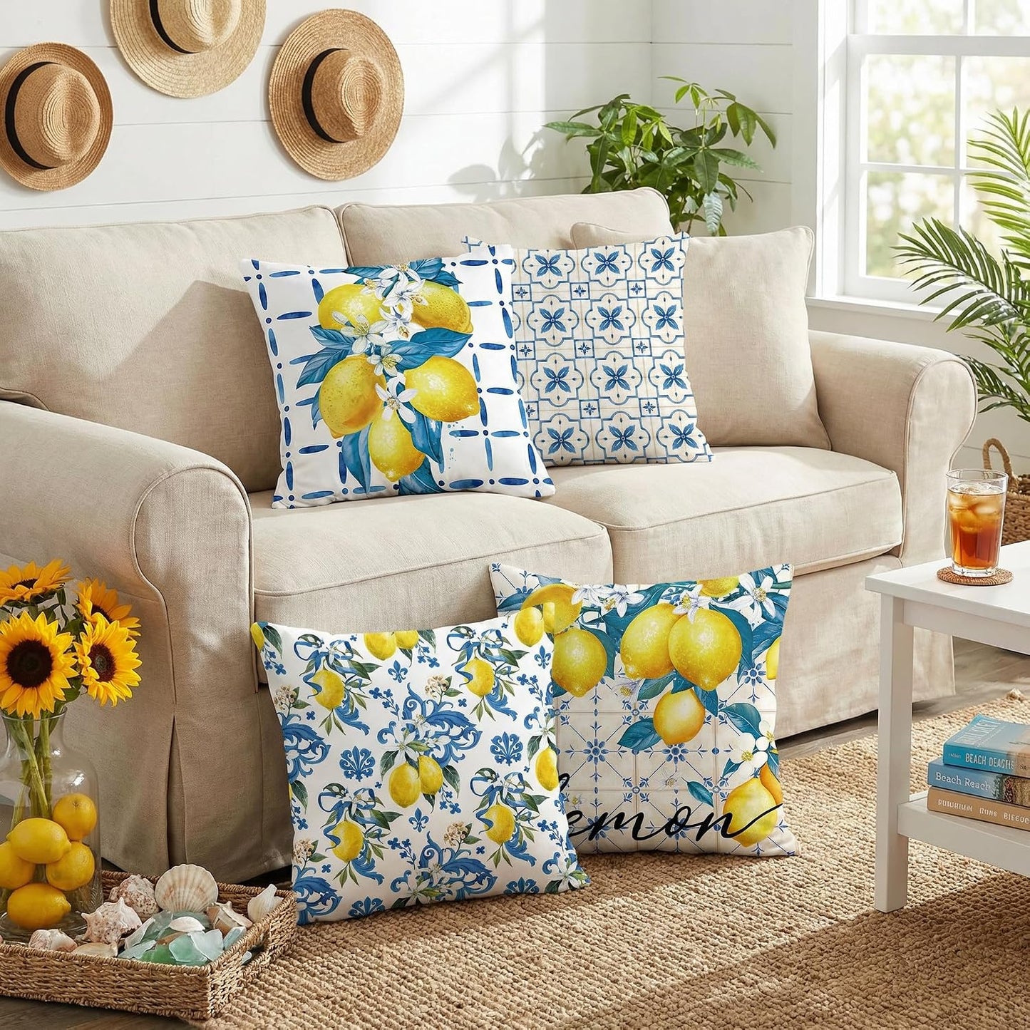 FUTBU Lemon Throw Pillow Covers 18x18 Inch Set of 4, Bule Diamond Check Farmhouse Cushion Case, Hello Summer Party Holiday Decoration for Sofa Couch