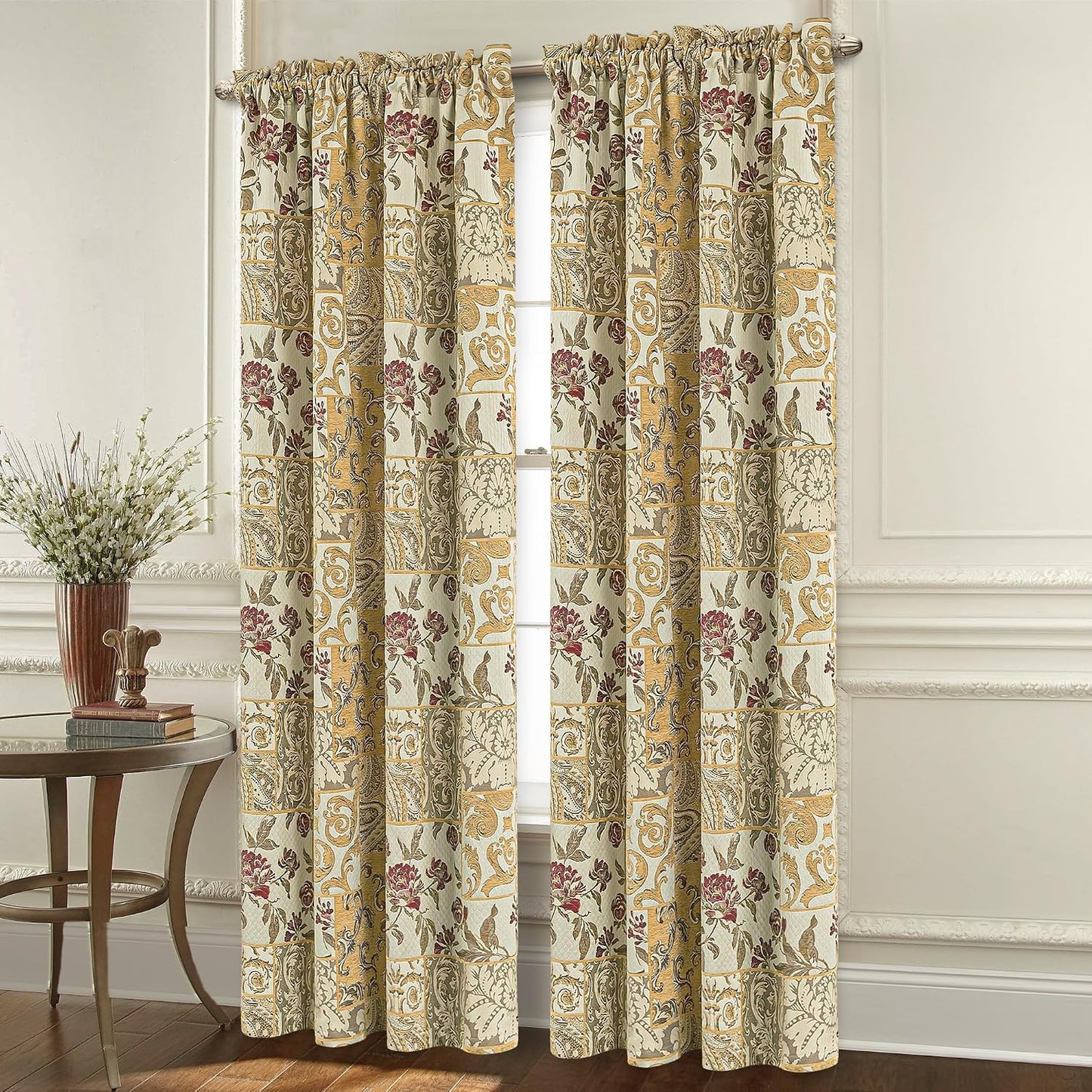 Loom and Mill Damask Patchwork Curtains for Bedroom, Beige Yellow Lined Jacquard Curtains 2 Panels with Tiebacks, Window Curtain for Living Room Banquet Halloween Decor, Rod Pocket(52”x 84”, 2 Panels)