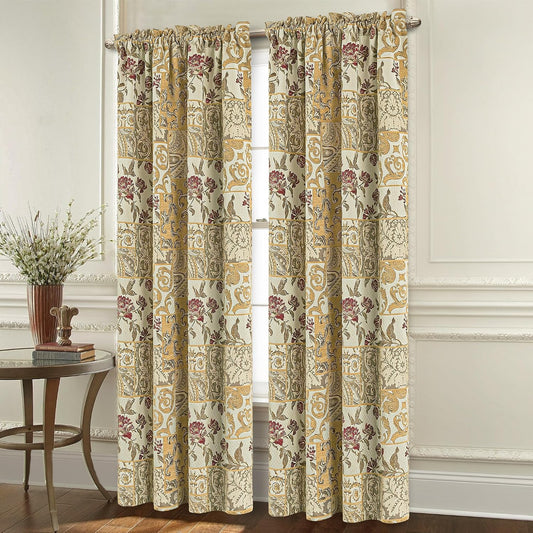 Loom and Mill Damask Patchwork Curtains for Bedroom, Beige Yellow Lined Jacquard Curtains 2 Panels with Tiebacks, Window Curtain for Living Room Banquet Halloween Decor, Rod Pocket(52”x 84”, 2 Panels)