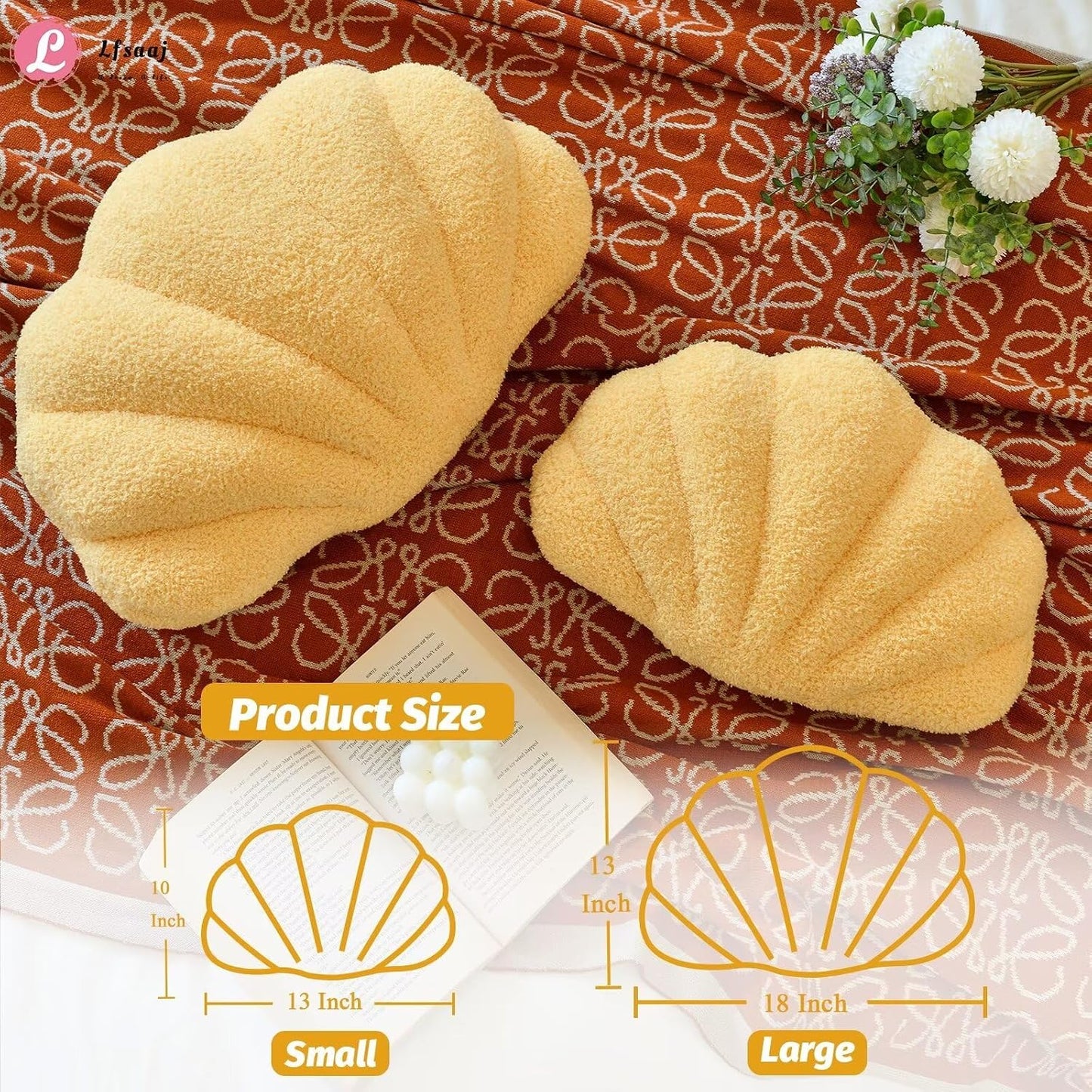 Lfsaaj Yellow Seashell Throw Pillows, Shell Shaped Throw Pillows, 13 Inch Soft Home Decorative Pillow Plush Cushion for Bed Couch Living Sofa Room Decor Accent Throw Pillow