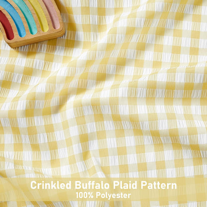 ZJDECOR 84 Inches Yellow White Buffalo Plaid Curtains,Farmhouse Crinkled Not-See-Through Sheer Window Treatment for Bedroom Living Room Nursery,Rod Pocket,Tiebacks Included,52" Wx84 L(Pack of 2)