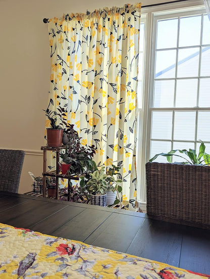DaDa Bedding Botanical Floral Window Curtain Panels - Natural Semi Sheer Yellow Fleur Golden Orange Spring Time Tulips Straight Tailored Edge - 54 x 84