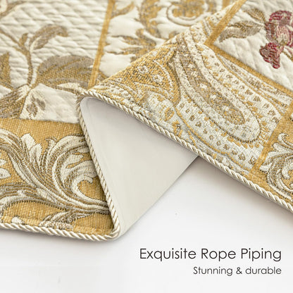 Loom and Mill Damask Patchwork Throw Blankets for Bed, Jacquard Floral Throws with Fringes Trim, Soft Lightweight Velvet Lined Throw Blanket for Sofa Couch Chair All Seasons(Beige Yellow, 52”x72”)