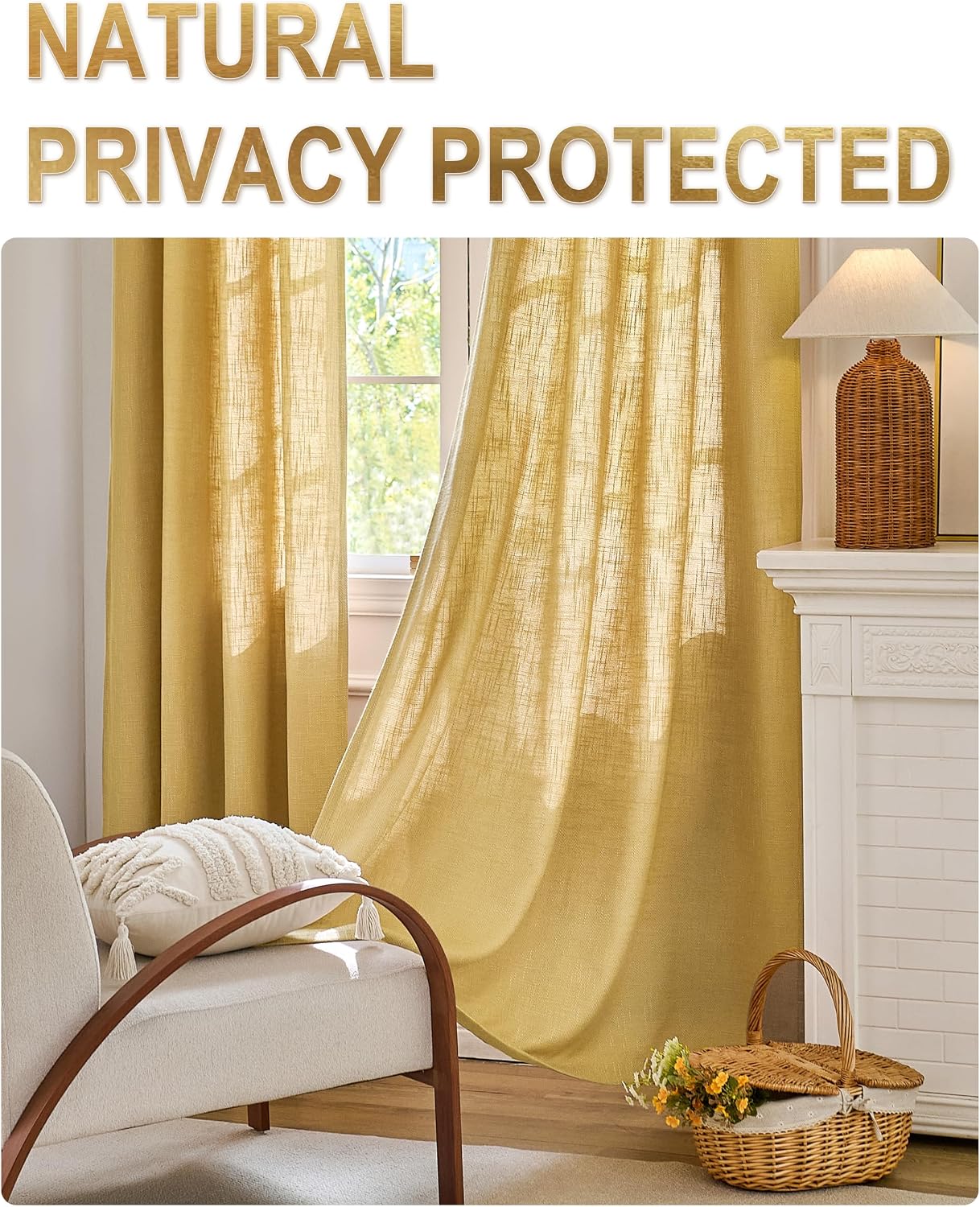 Mustard Yellow Linen Window Curtain Panels with Grommets 52 inches Width 84 inches Length Set of 2,Natural, DIY Home Decor Drapes for Multiple Rooms