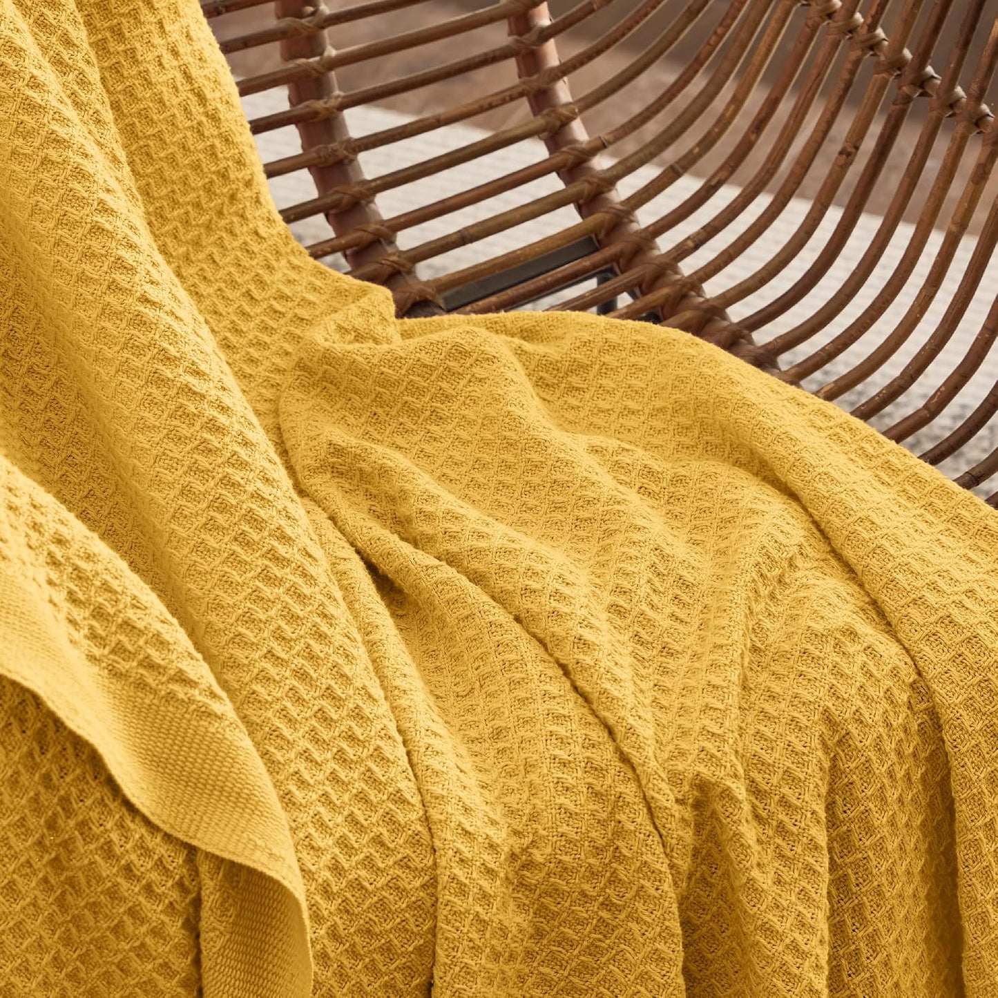 Bedsure 100% Cotton Blanket King Size for Bed - Breathable and Soft for Summer, Thick Cozy Waffle Weave Blanket Gifts for Women, Mustard Yellow, 104x90 inches