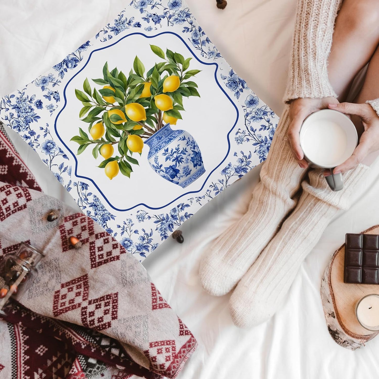 Blue and White Chinoiserie Lemon Pillow Covers 18x18Double-Sided, Grand Millenial Decor, Chinoiserie Decor, Grandmillennial Floral Fruit Lemon Decorative Throw Pillow Covers