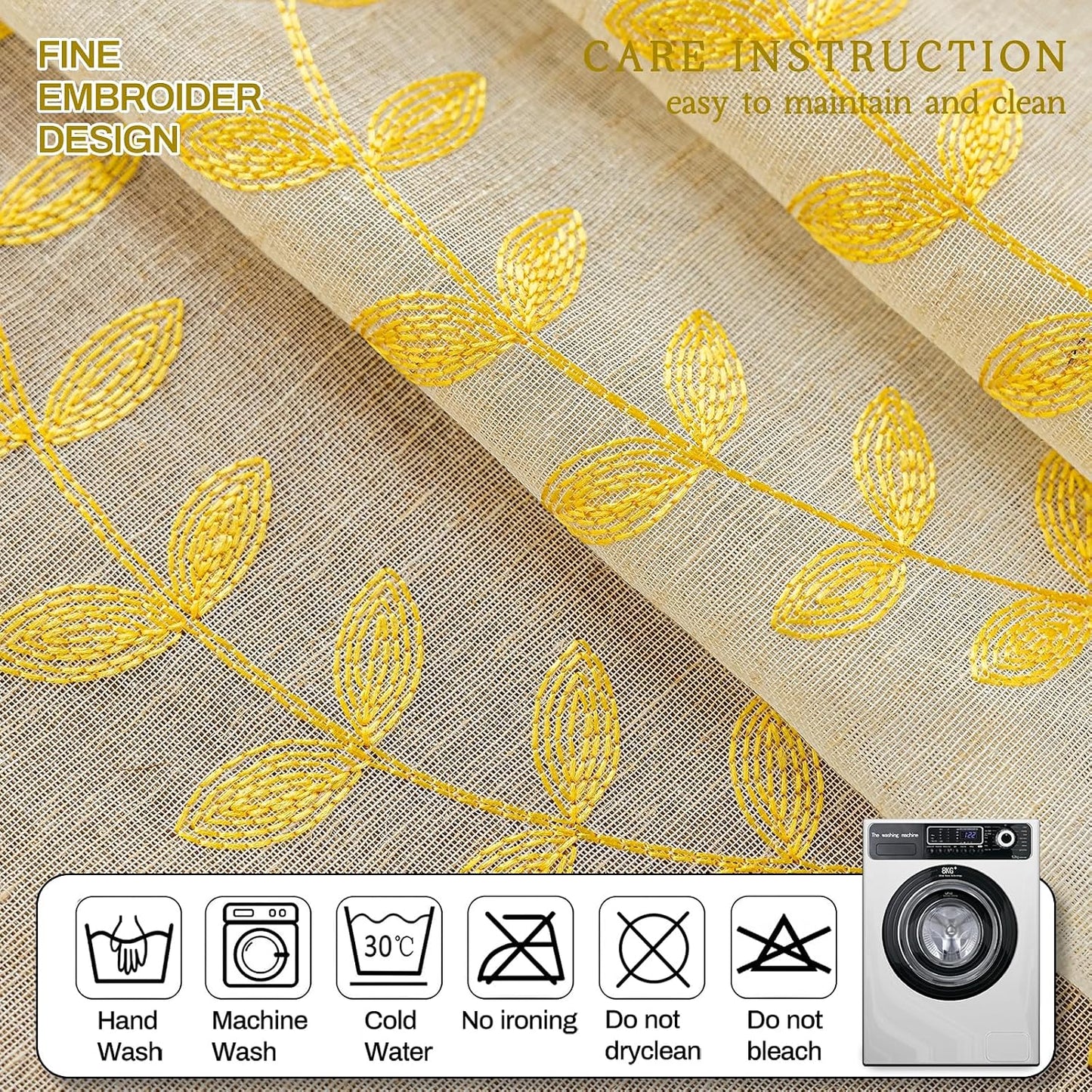 AmHoo 2 Panels Linen Leaf String Floral Embroidered Semi Sheer Curtain Farmhouse Voile Curtains for Living Room Bedroom Window Treatment Gold Yellow 52 x 84 Inch