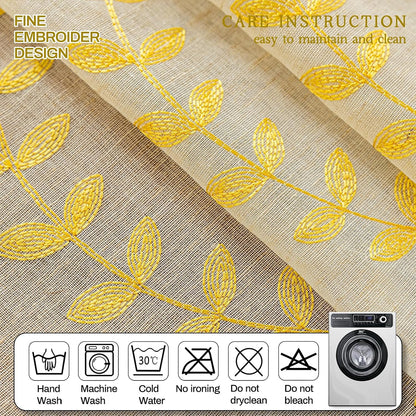 AmHoo 2 Panels Linen Leaf String Floral Embroidered Semi Sheer Curtain Farmhouse Voile Curtains for Living Room Bedroom Window Treatment Gold Yellow 52 x 84 Inch