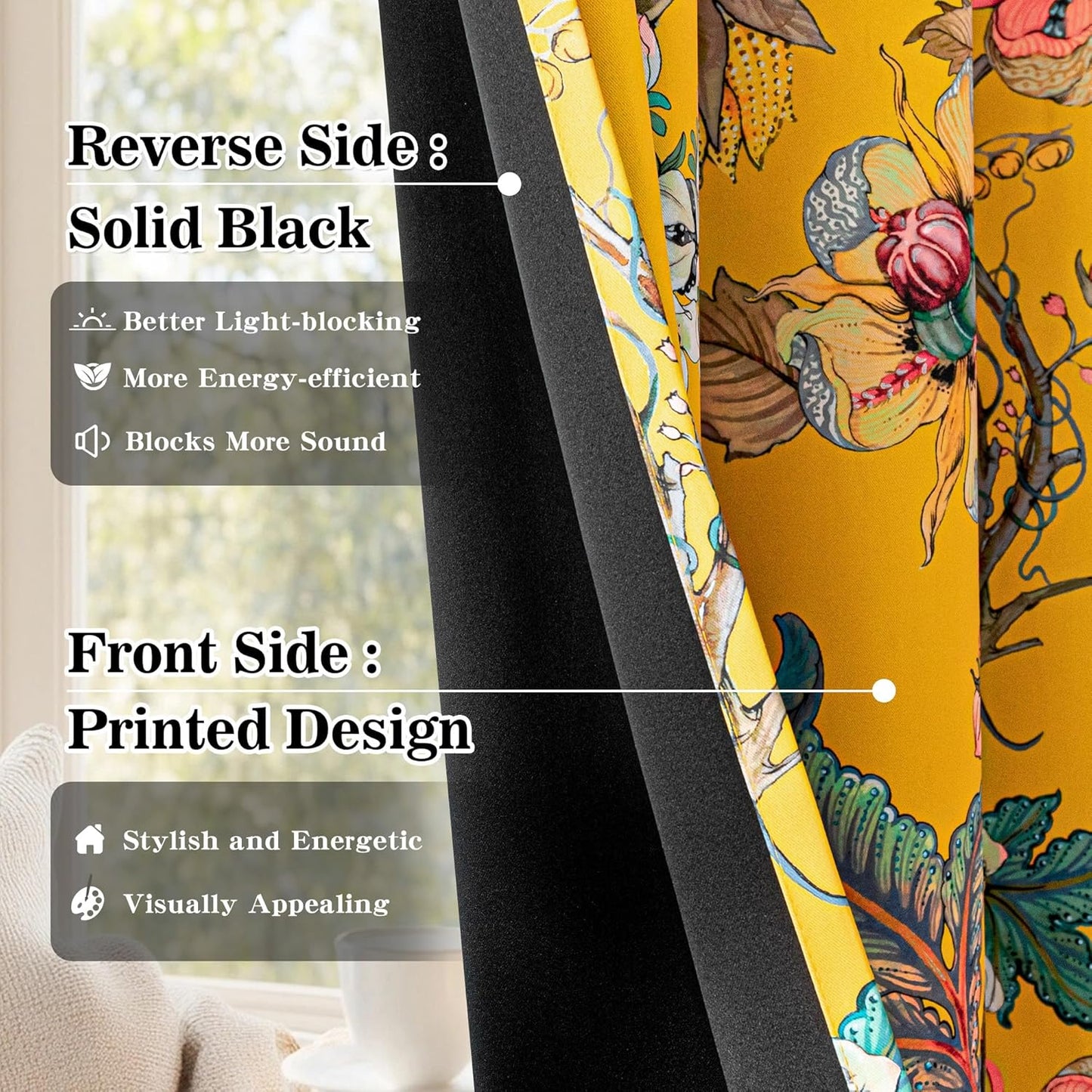 MYSKY HOME Yellow Floral 95% Blackout Curtains 84 Inches Long for Living Room Bedroom Thermal Insulated Light Blocking Noise Reducing Flower Printed Vintage Window Treatments Grommet, 2 Pcs, 52" Wide