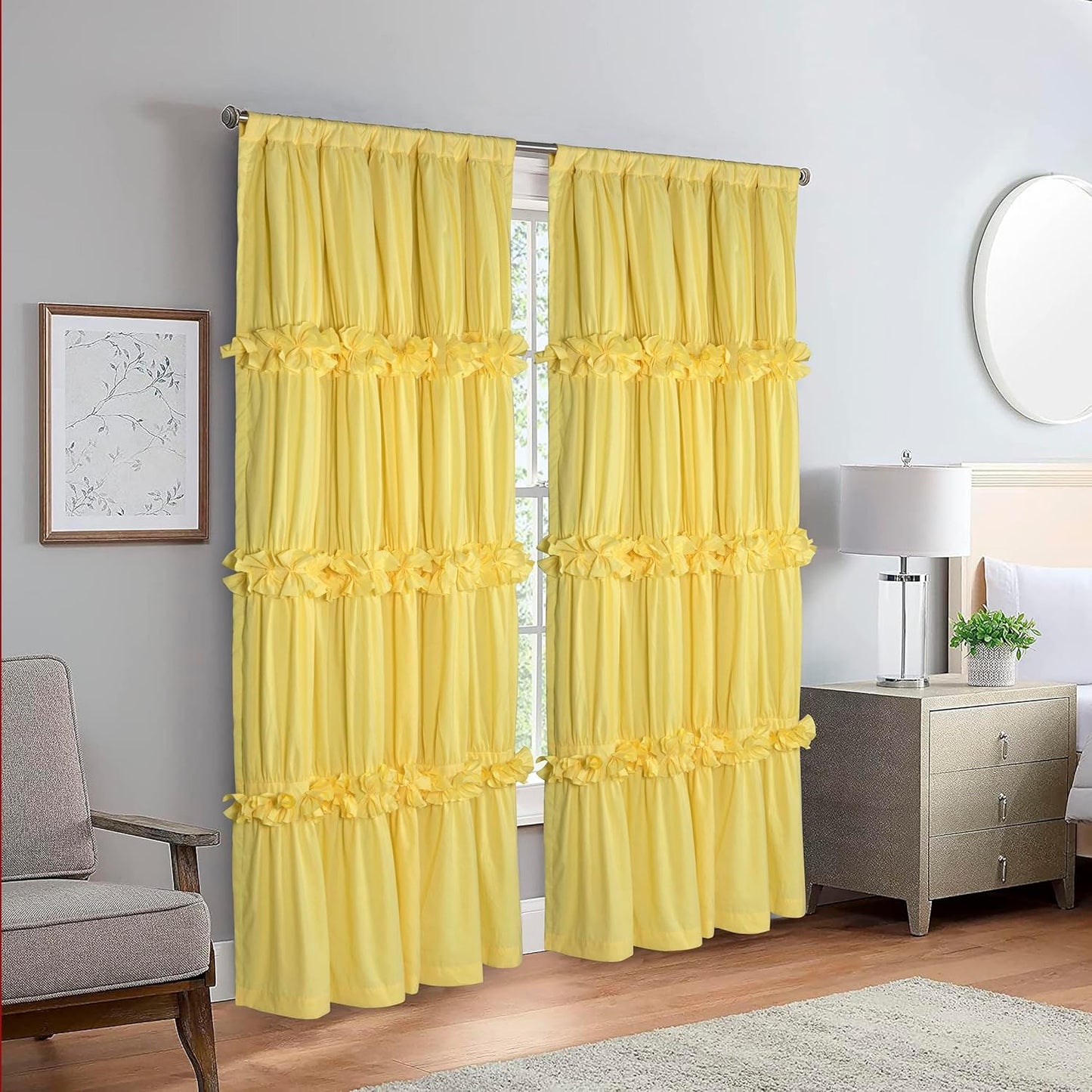 Homechoice Decor Thermal Insulated Blackout Window Curtains, 54" W x 84" L x 2 Panels, Boho Ruched Window Treatments with 3 Rows of Butterfly Flowers, Rustic Rod Pocket Drapes, Bright Yellow (LQ-30)