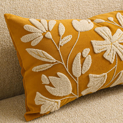 BlissBlush Throw Pillow Cover 20x20 Inch, Mustard Floral Tufted Velvet Decorative Accent Pillow Case for Sofa Bed Living Room, Cover Only